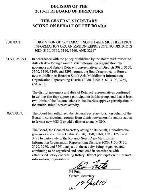 Decision of the 2010–11 RI Board of Directors authorizing formation of Rotaract South Asia Multidistrict Information Organization, signed 19 July 2010